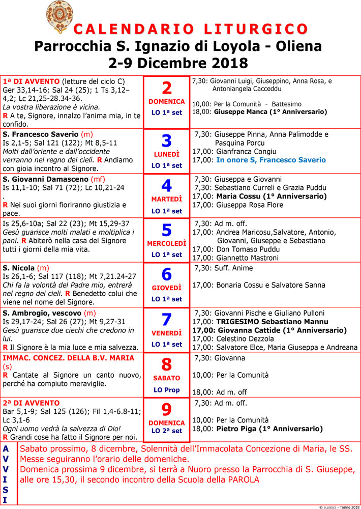 Calendario liturgico Oliena