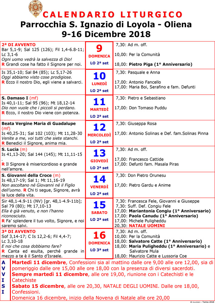 Calendario liturgico Oliena